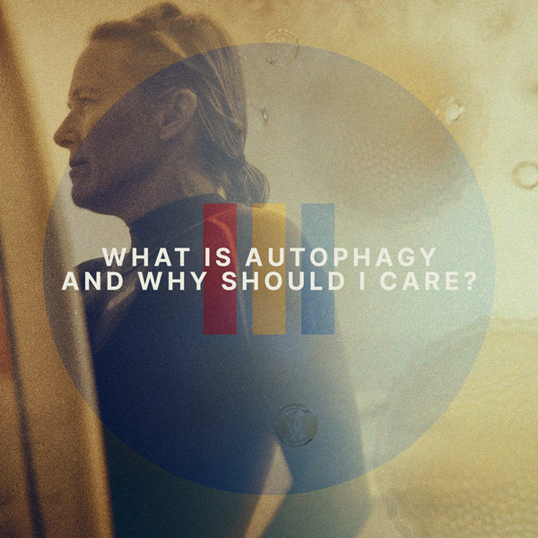 A person with a surfboard and a blurb that says: What is autophaghy and why should I care?