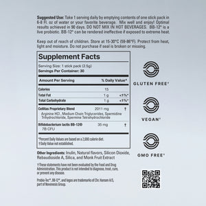 Supplement label with text and icons on a light gray background