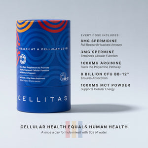 Cellitas supplement container with text detailing ingredients and benefits on a light gray background