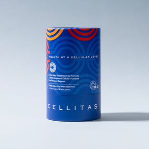 Cellitas supplement container with blue label and white typography