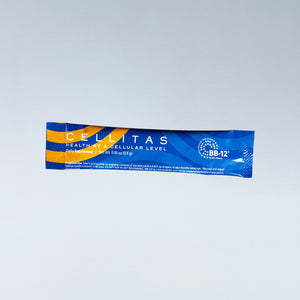 Blue and yellow package of Cellitas single sachet on a light gray background
